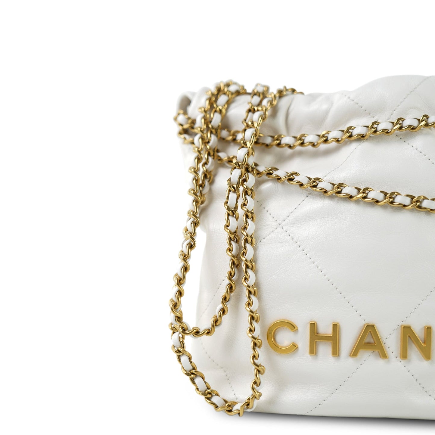 White Calfskin Quilted Mini 22 Bag Aged Gold Hardware