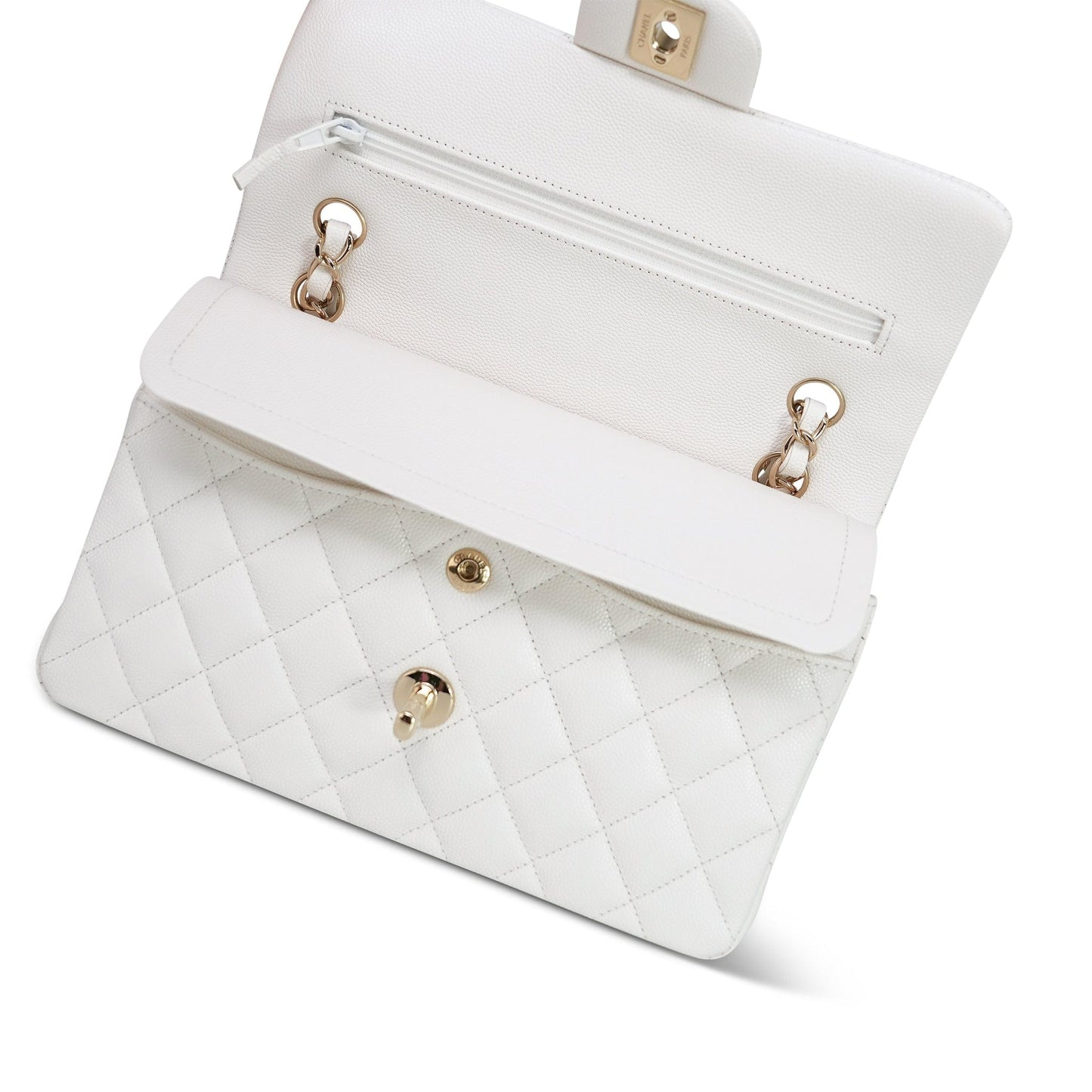 21B White Caviar Quilted Classic Flap Small Light Gold Hardware