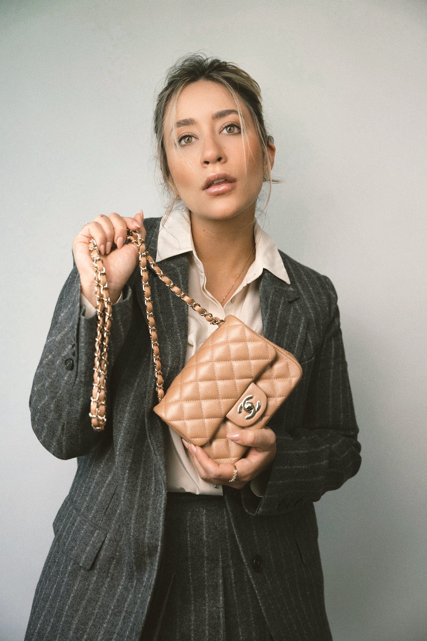 18S Beige Caviar Quilted Mini Square Flap Light Gold Hardware