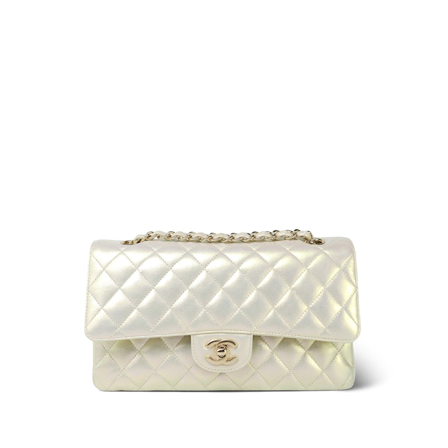 20B Iridescent White Calfskin Quilted Classic Flap Medium Light Gold Hardware