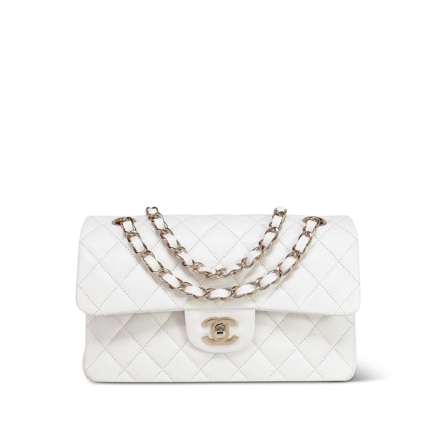 21B White Caviar Quilted Classic Flap Small Light Gold Hardware