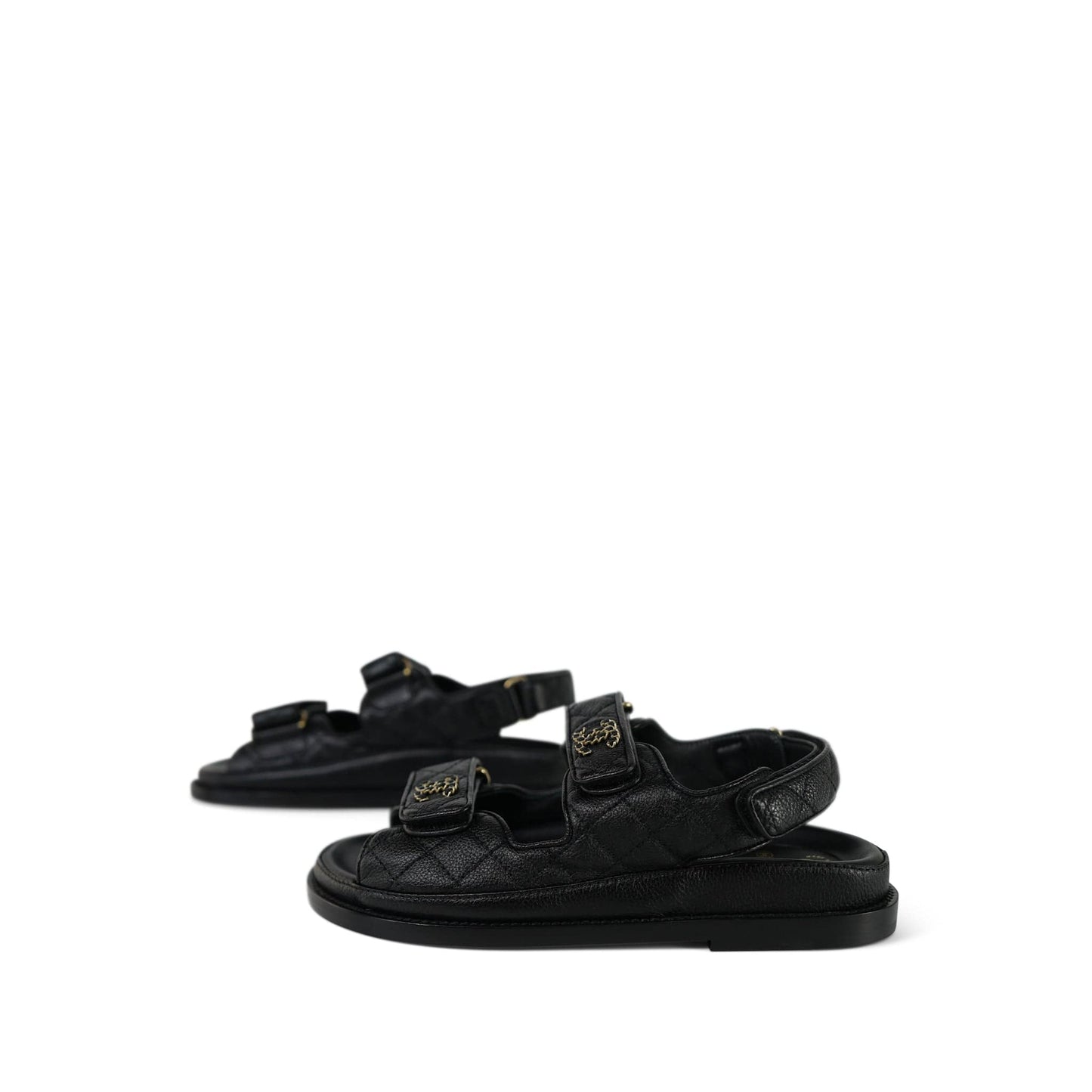 10B Black Calfskin Quilted Velcro Strap Sandals Size 34.5