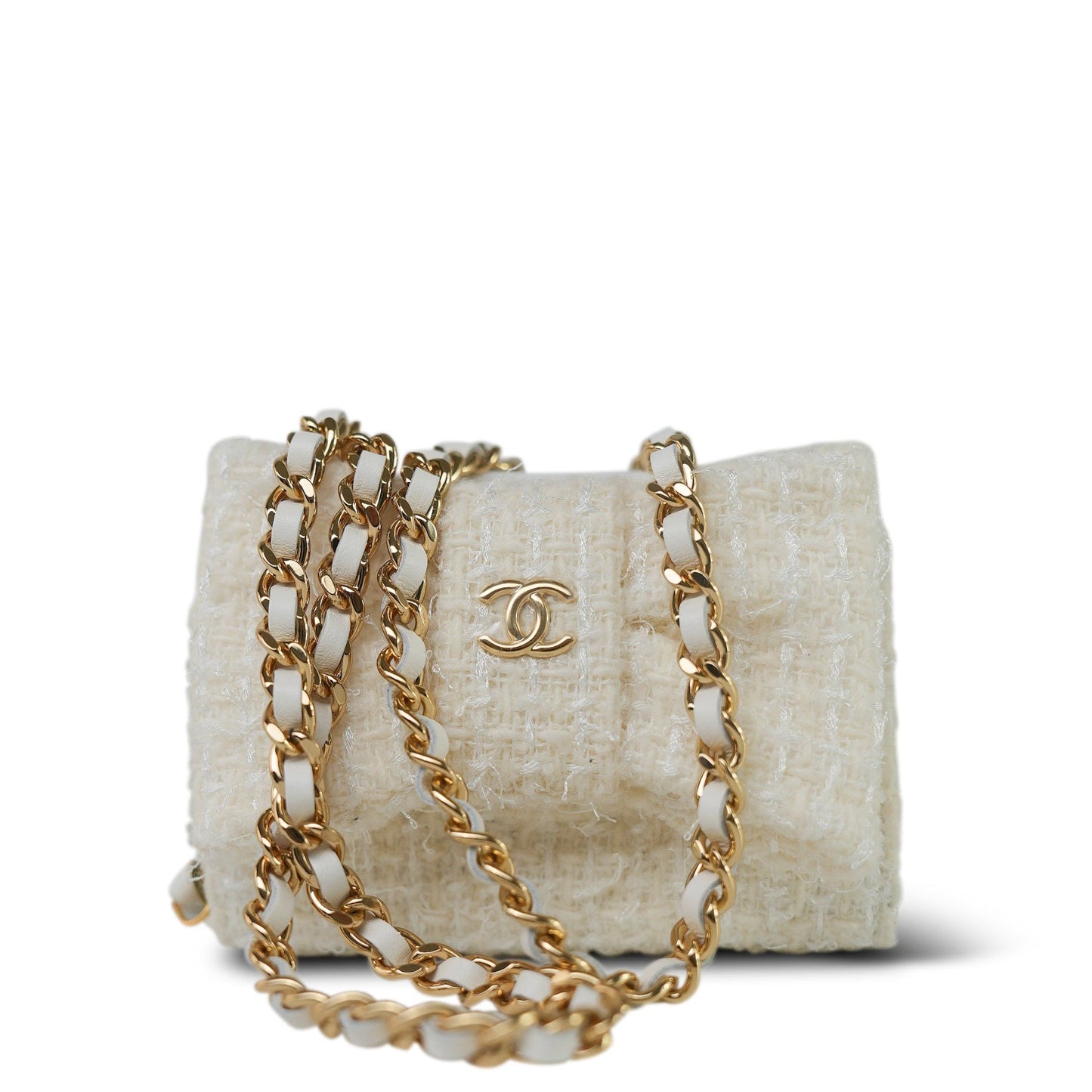 White Tweed Quilted Bow Card Holder On Chain Light Gold Hardware