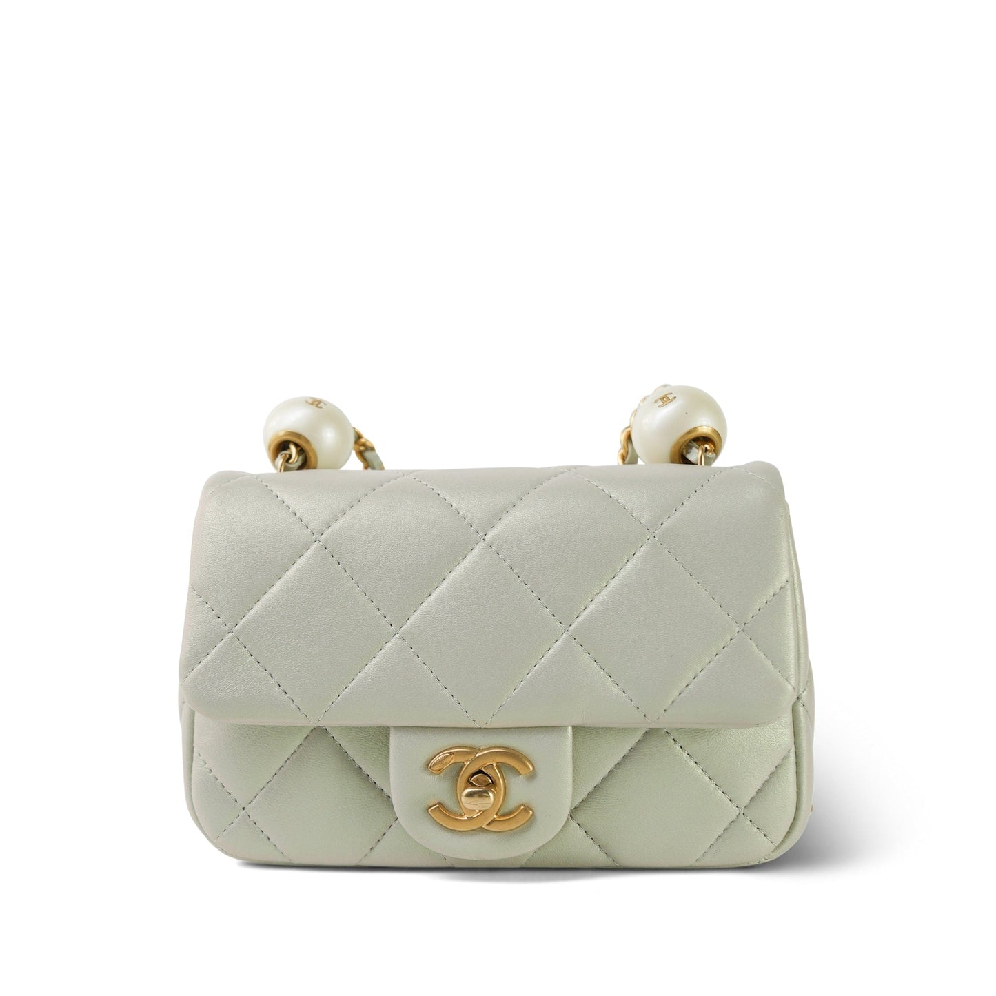 White Pearly/Iridescent Mini Pearl Flap Aged Gold Hardware