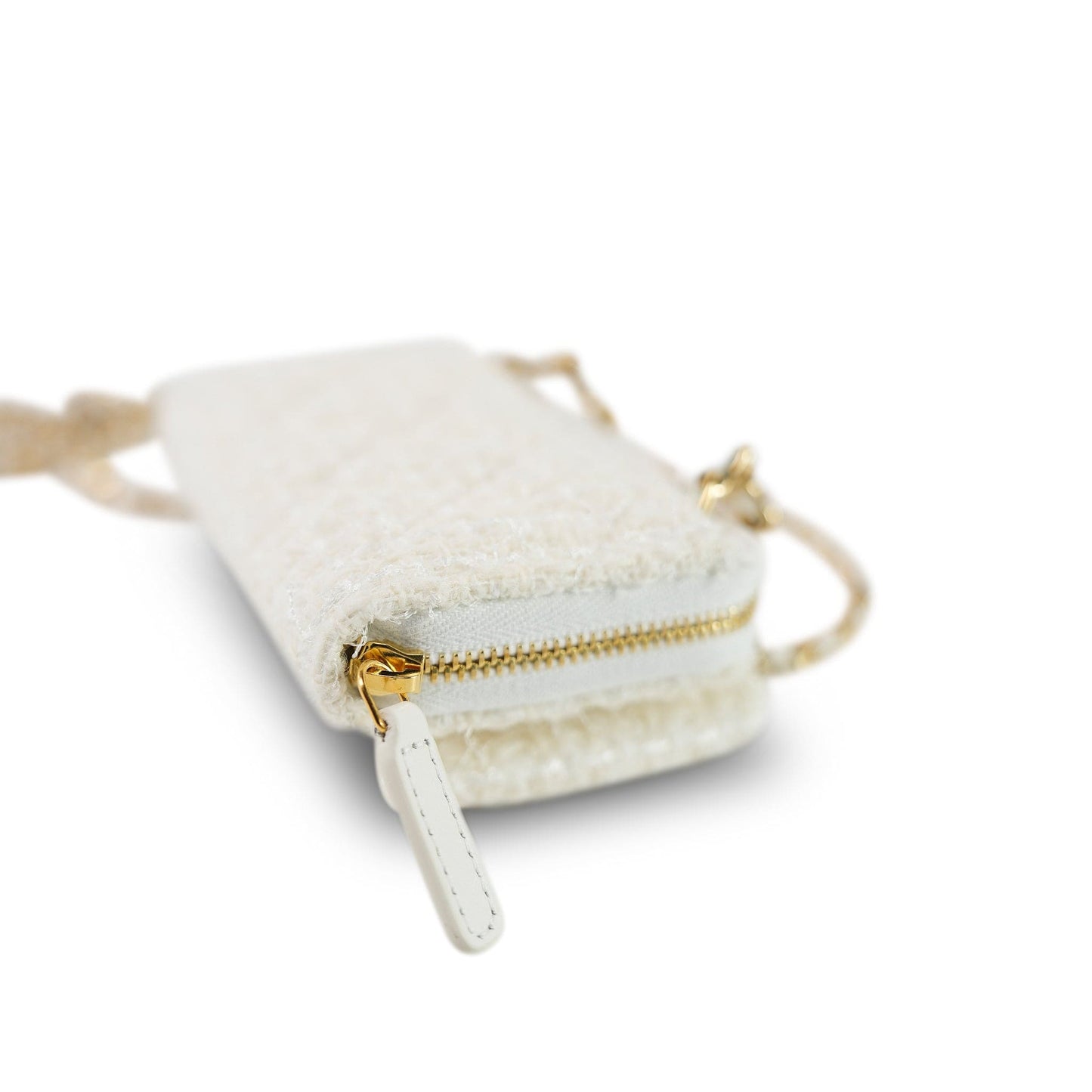 White Tweed Quilted Bow Card Holder On Chain Light Gold Hardware