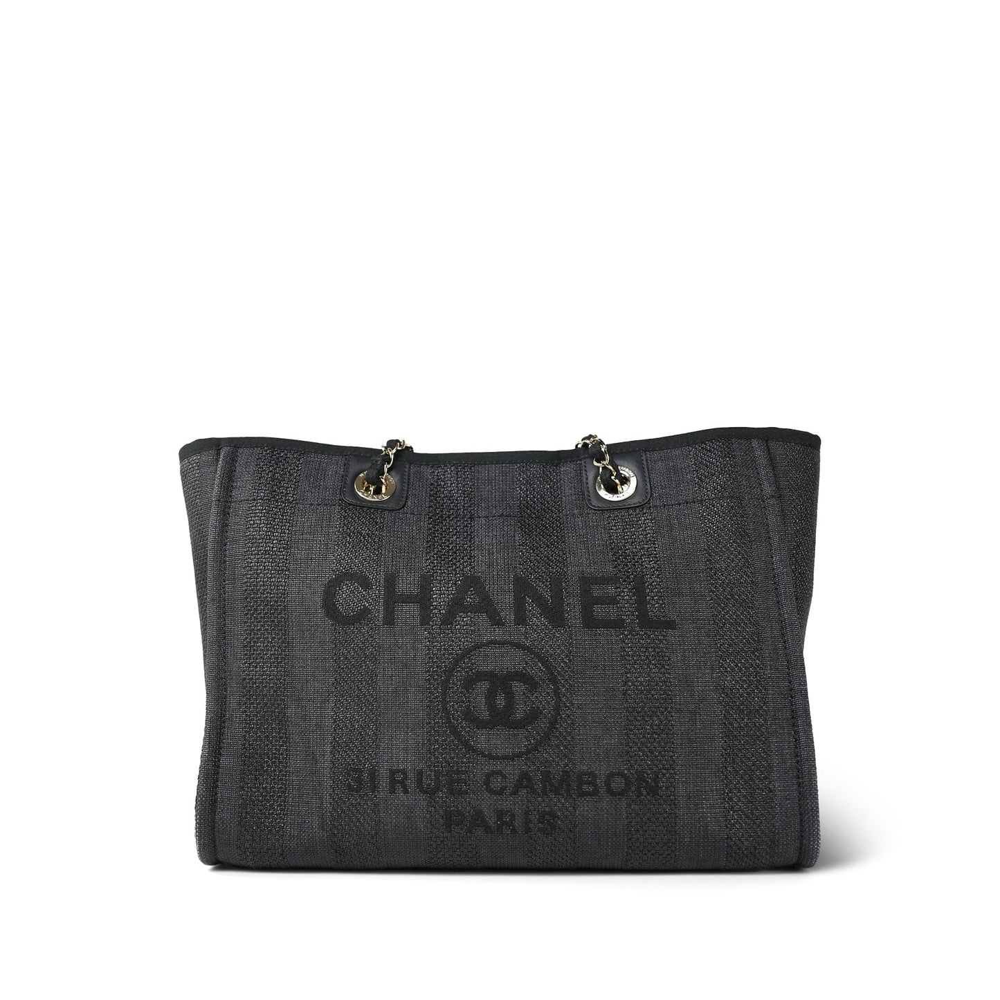 20P Black Stripe Raffia Deauville Shopping Tote Small Light Gold Hardware