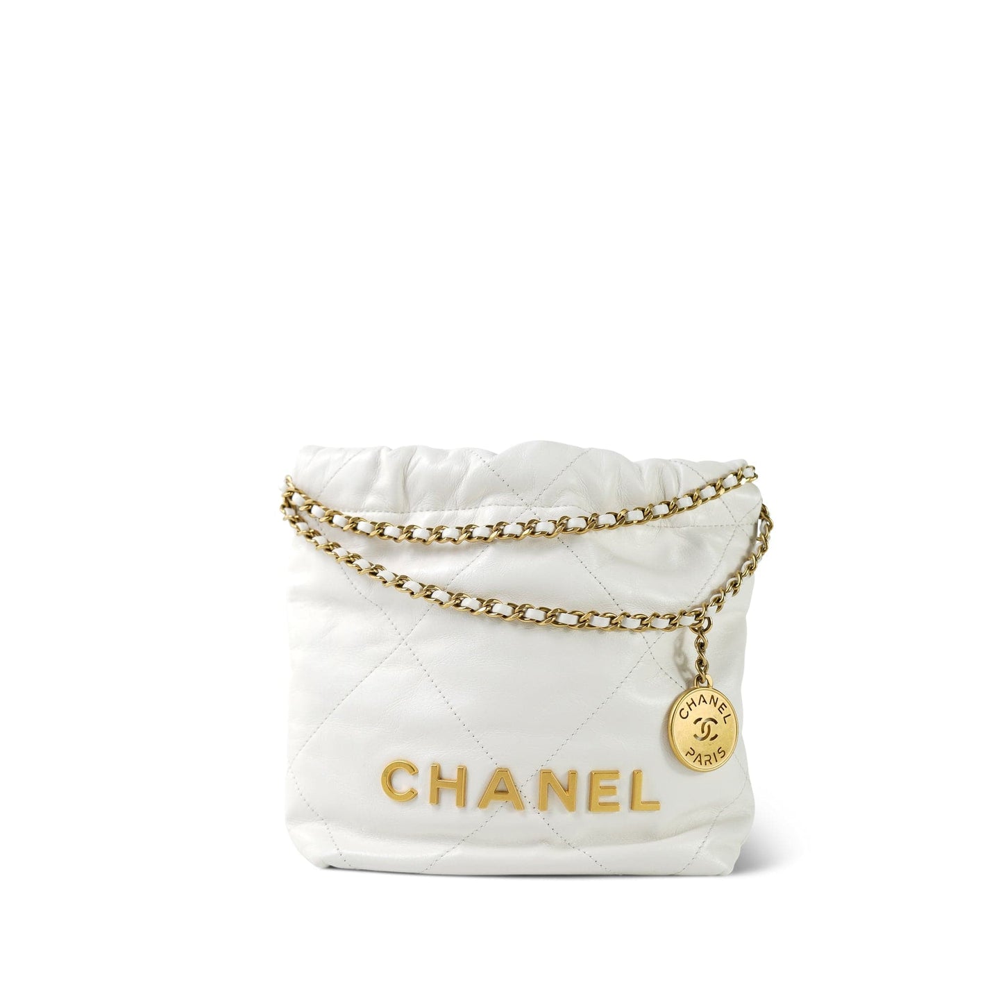 White Calfskin Quilted Mini 22 Bag Aged Gold Hardware