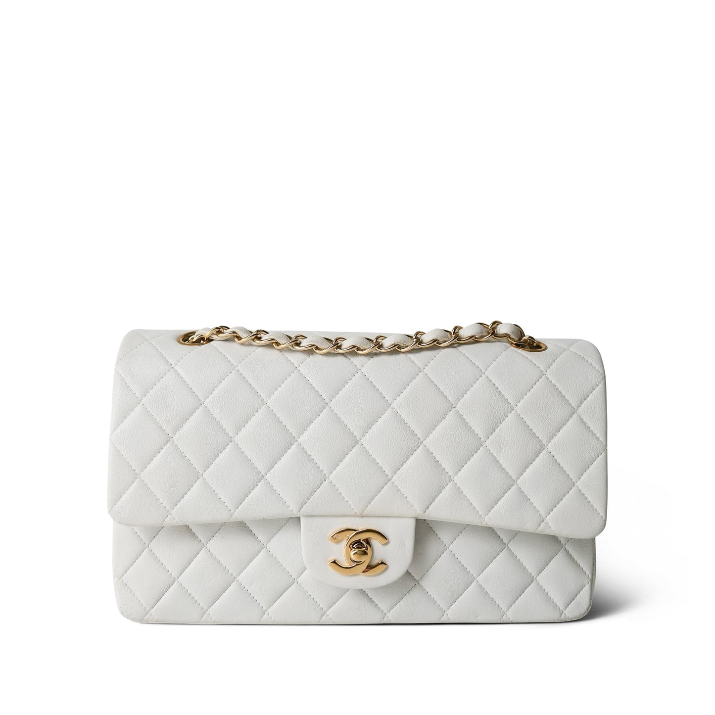 White Lambskin Quilted Classic Flap Medium Gold Hardware