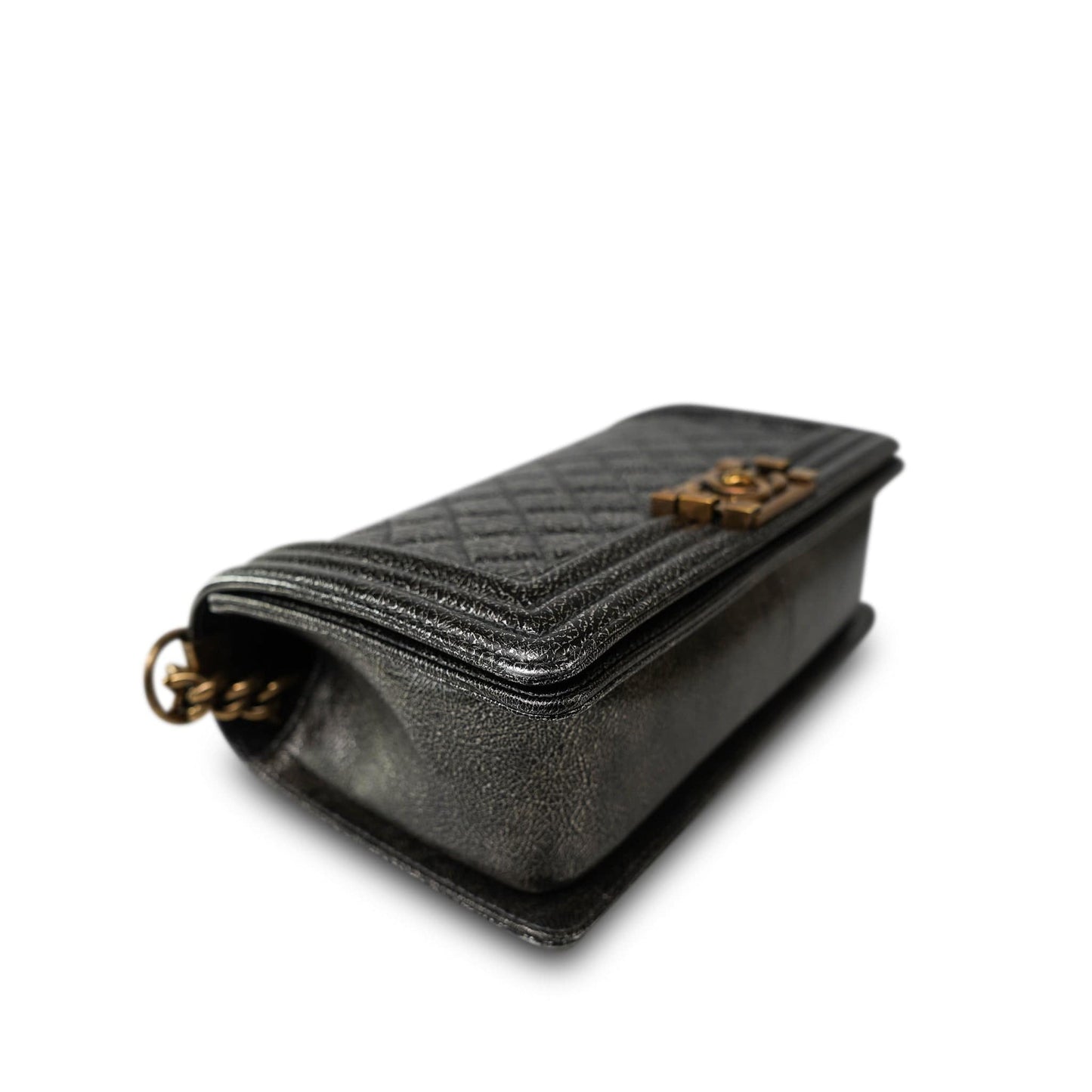 17A Black Silver Metallic Cracked Calfskin Boy Bag Old Medium Aged Bronze/Gold Hardware