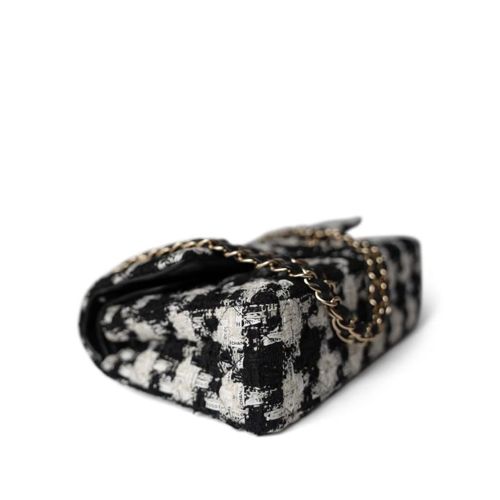 20S Black White Houndstooth Tweed Quilted Classic Flap Medium LGHW