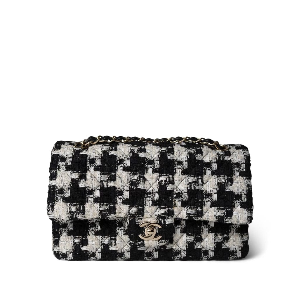 20S Black White Houndstooth Tweed Quilted Classic Flap Medium LGHW