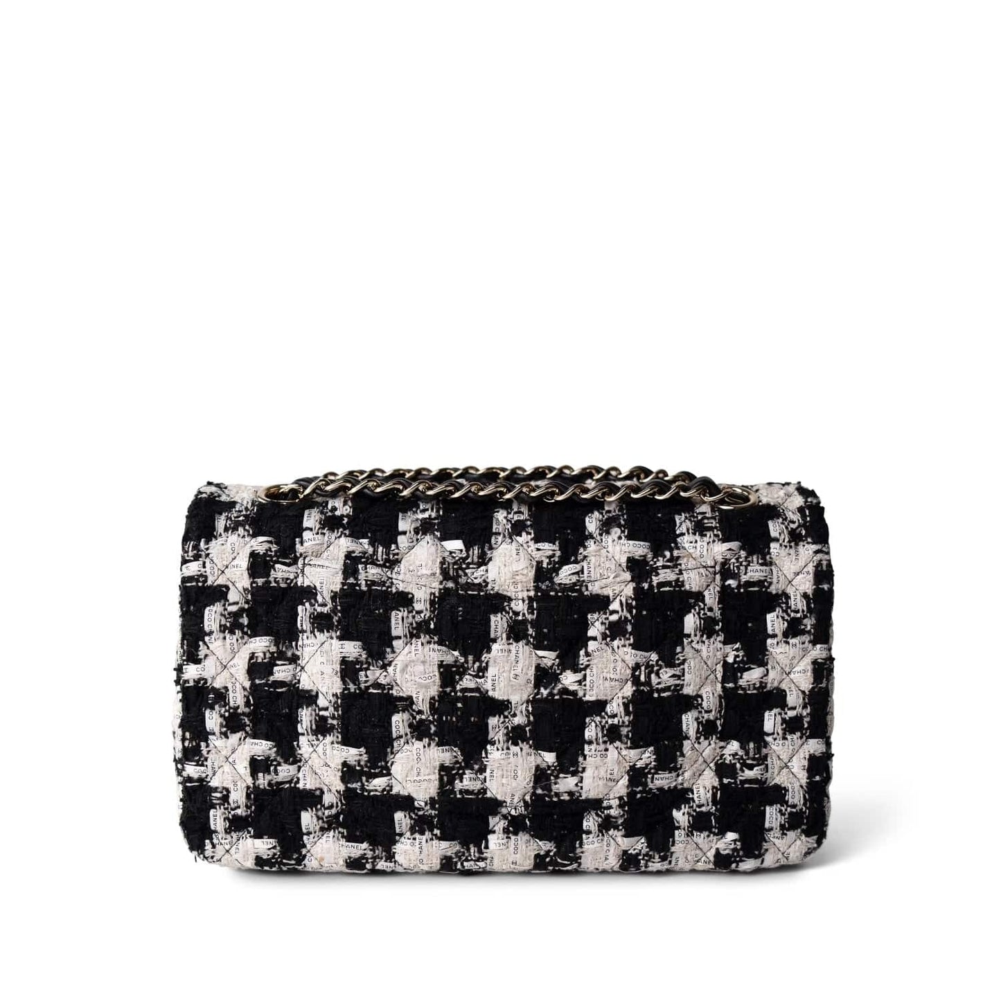 20S Black White Ecru Houndstooth Tweed Quilted Classic Flap Medium Light Gold Hardware