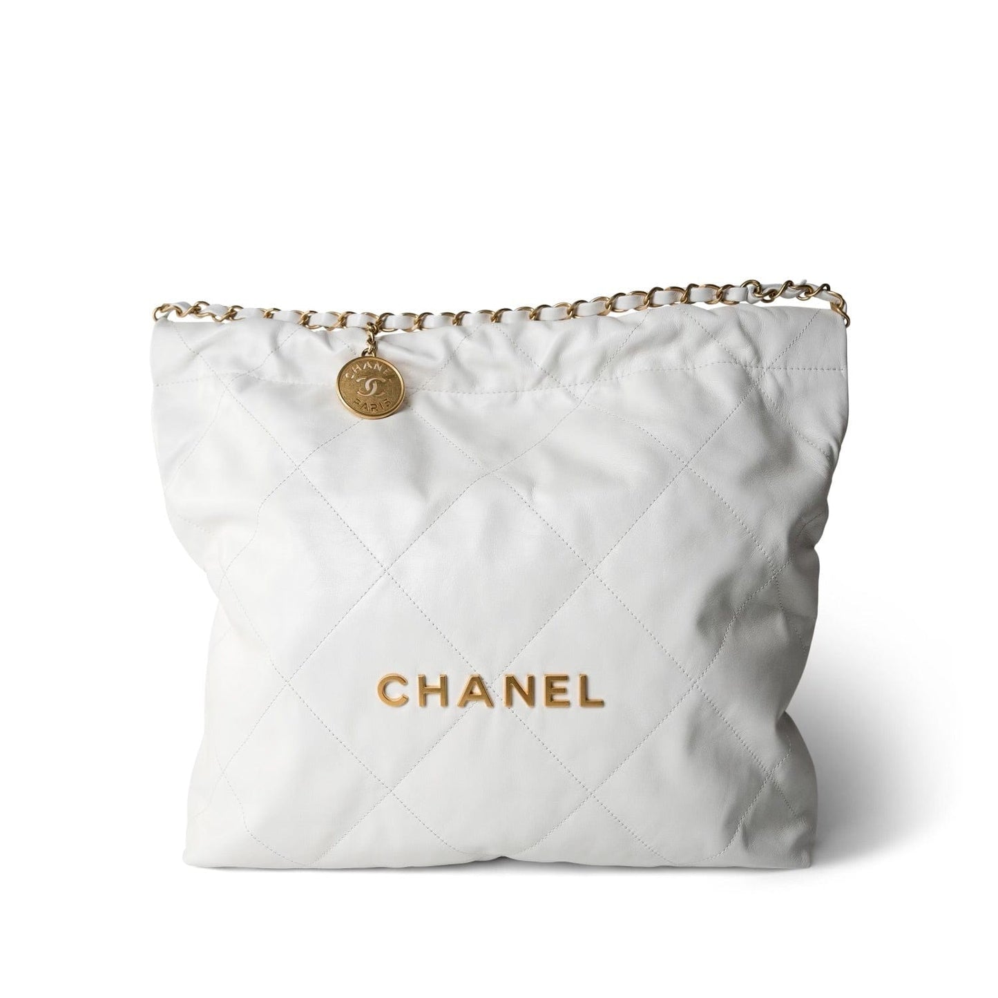 White Calfskin Quilted 22 Hobo Bag Medium Antique Gold Hardware