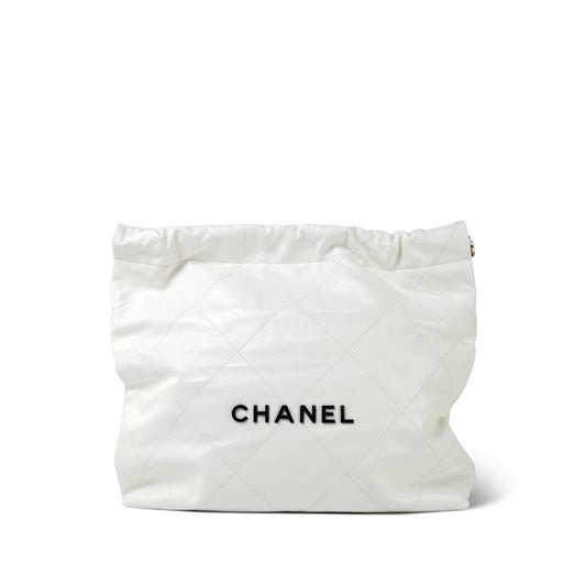 White Calfskin Quilted 22 Hobo Bag Medium Black/Aged Gold Hardware