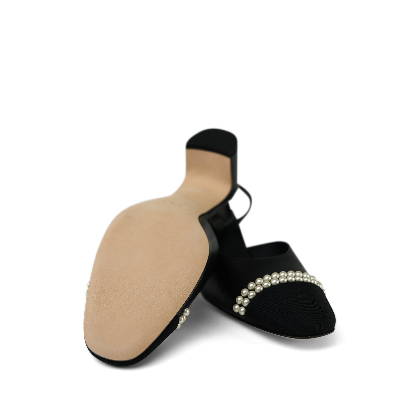 20P Black Lambskin Grosgrain Pearl Cap Toe CC Slingback Pumps Size 39.5