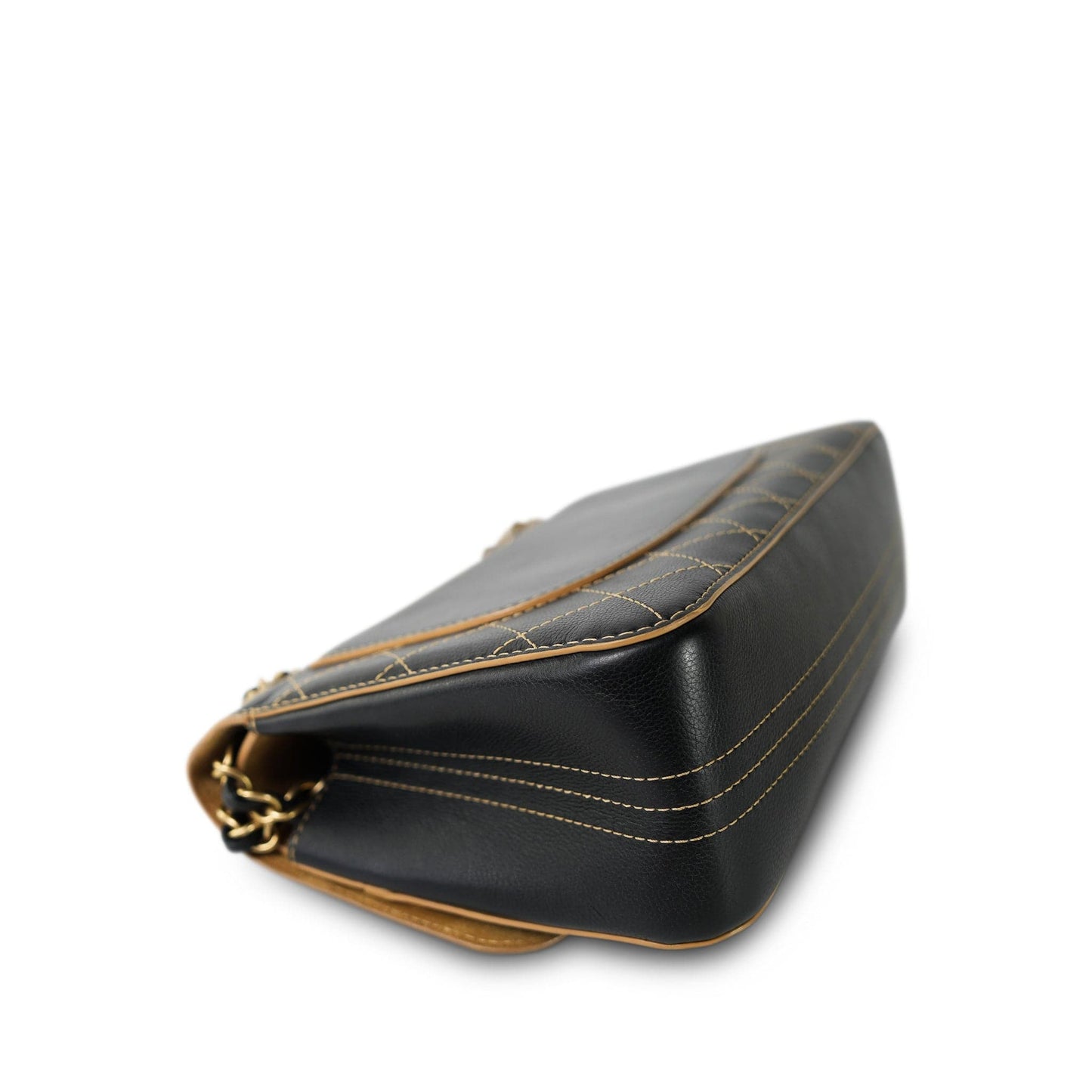 17B Black Calfskin / Tan Suede Wild Stitch Double Flap Jumbo Flap Aged Gold Hardware