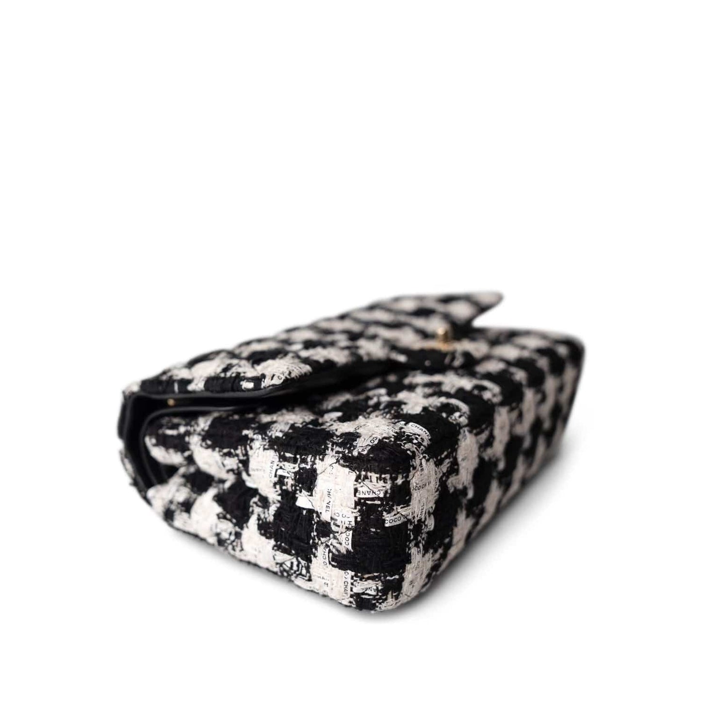 20S Black White Ecru Houndstooth Tweed Quilted Classic Flap Medium Light Gold Hardware