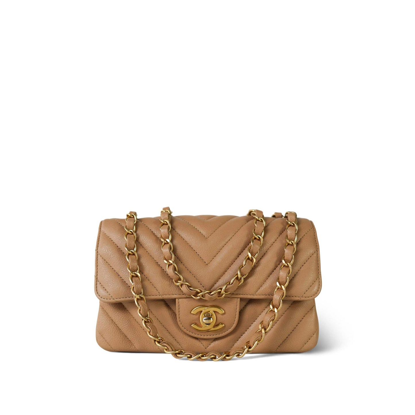 17C Dark Beige Chevron Quilted Mini Rectangular Flap Aged Gold Hardware