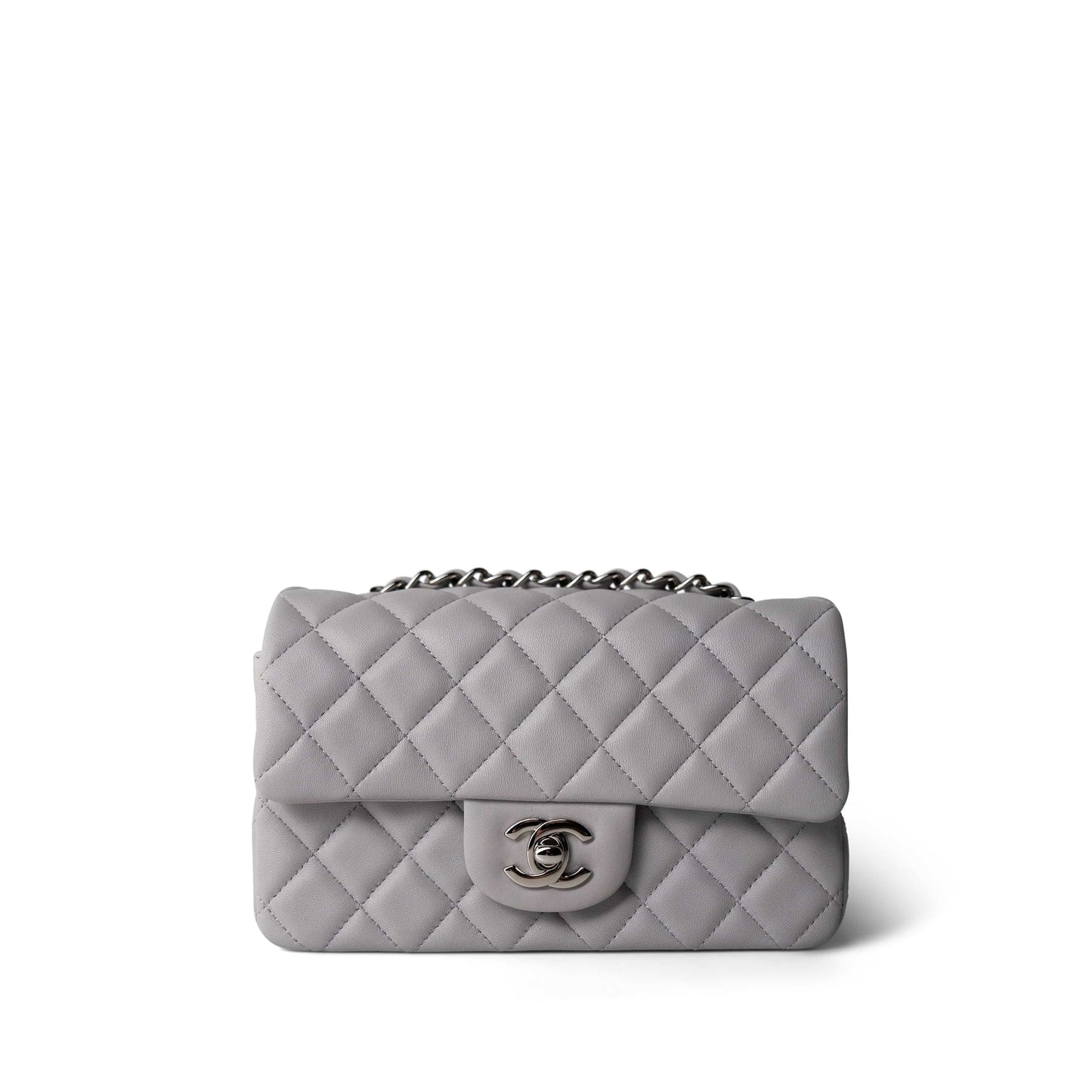 20C Light Grey Lambskin Quilted Mini Rectangular Flap Silver Hardware