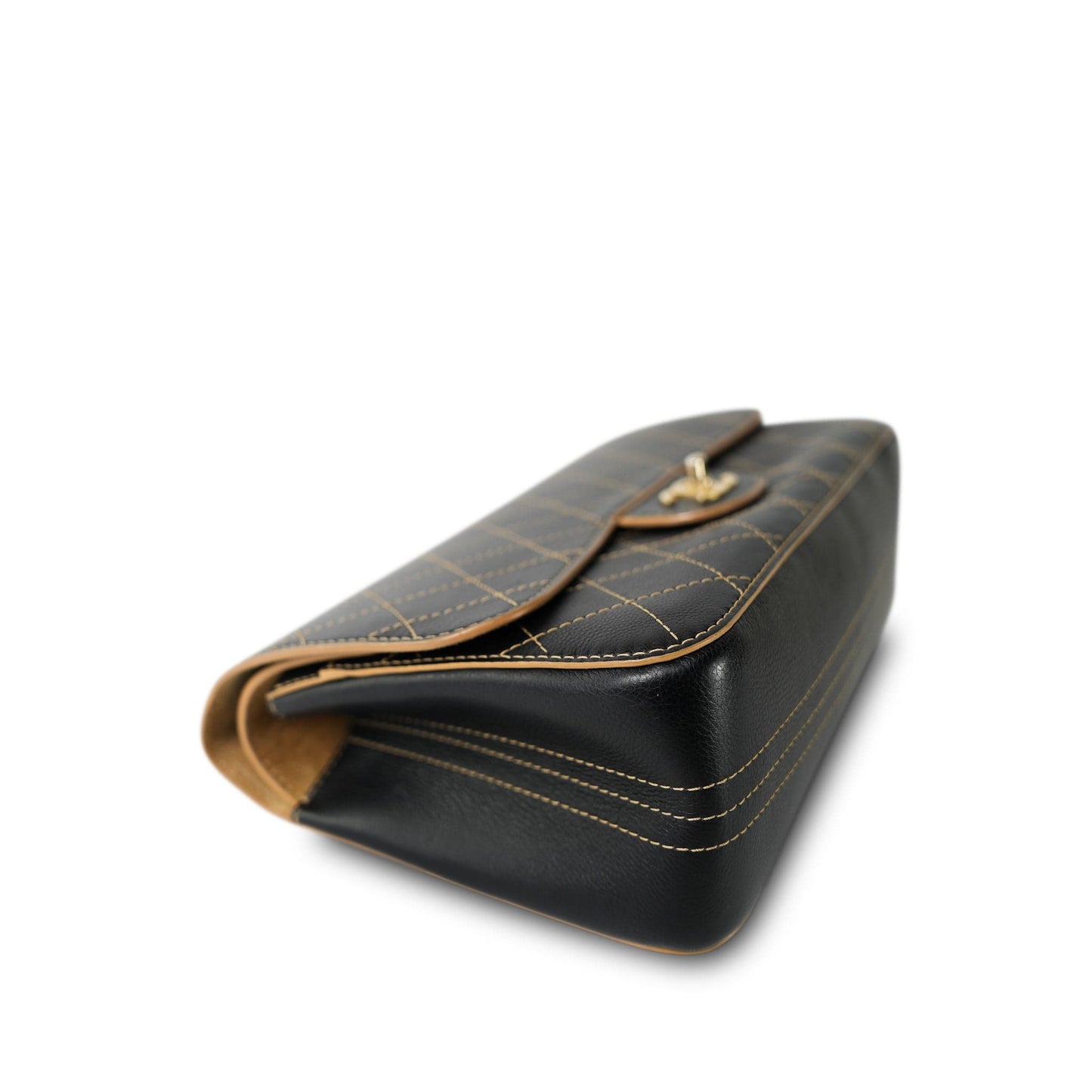 17B Black Calfskin / Tan Suede Wild Stitch Double Flap Jumbo Flap Aged Gold Hardware