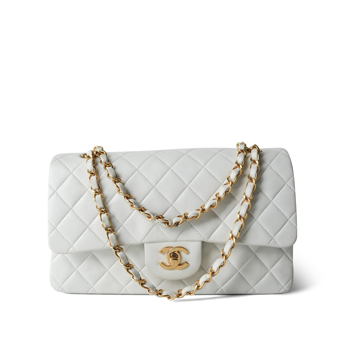 Vintage White Lambskin Quilted Classic Flap Medium GHW