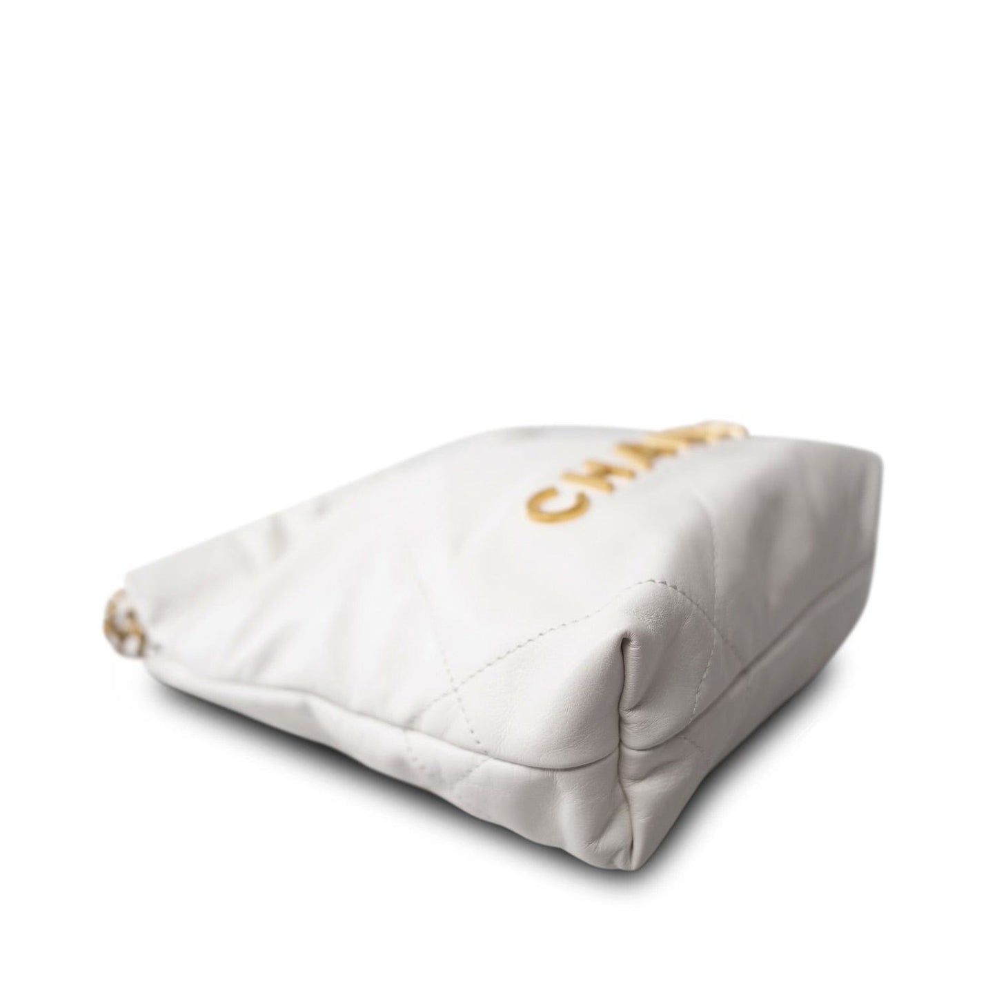 White Calfskin Quilted Mini 22 Bag Antique Gold Hardware