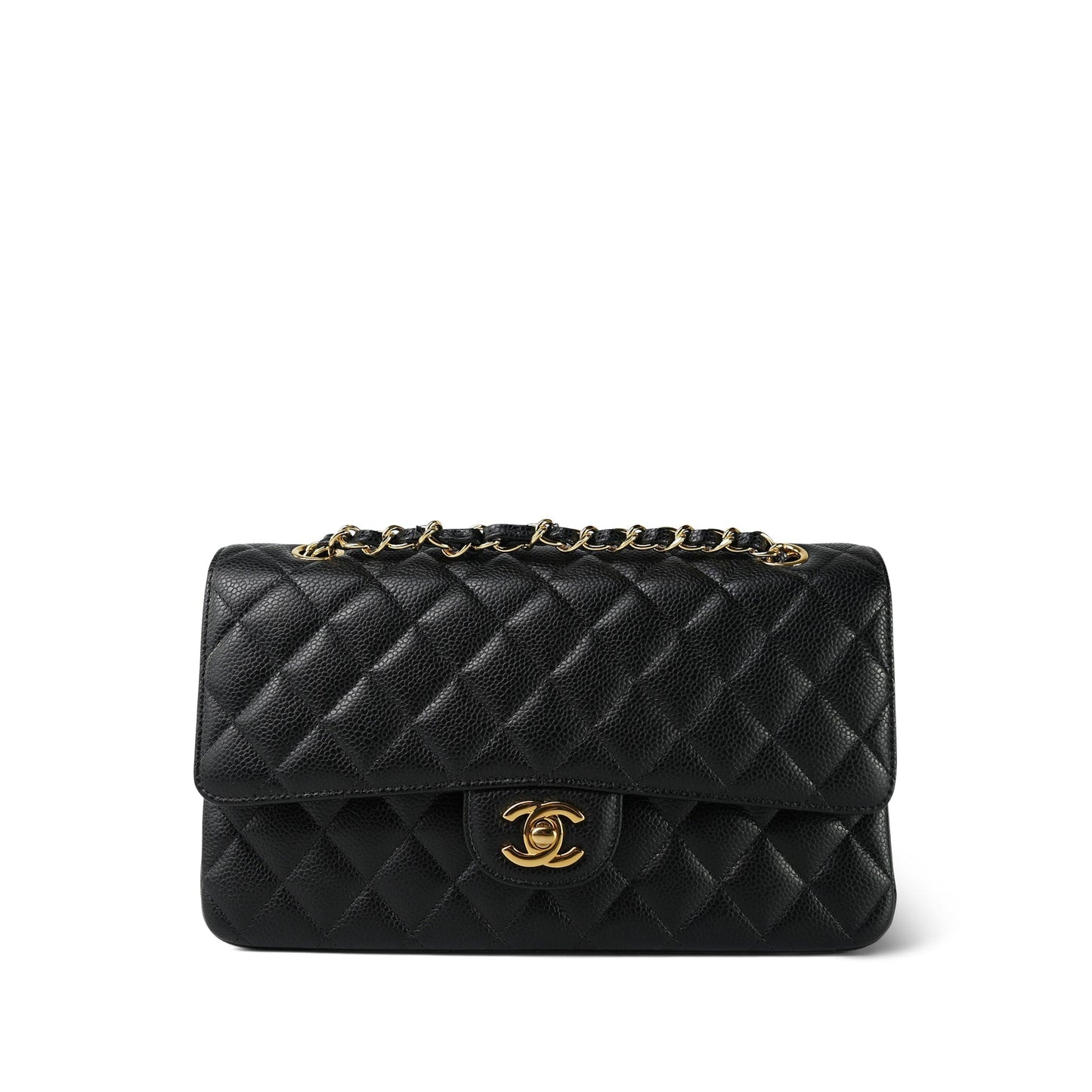20C Black Caviar Quilted Classic Flap Medium Gold Hardware