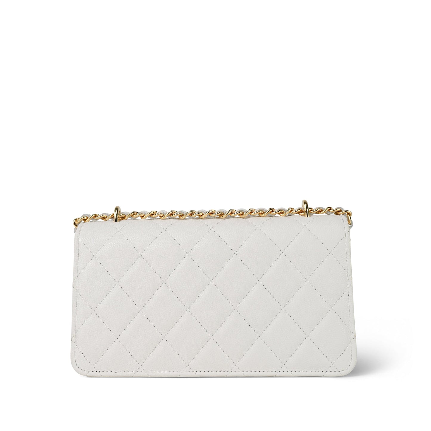 White Caviar Quilted Flap Charm Wallet On Chain WOC Gold Hardware