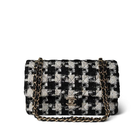 20S Black White Houndstooth Tweed Quilted Classic Flap Medium LGHW