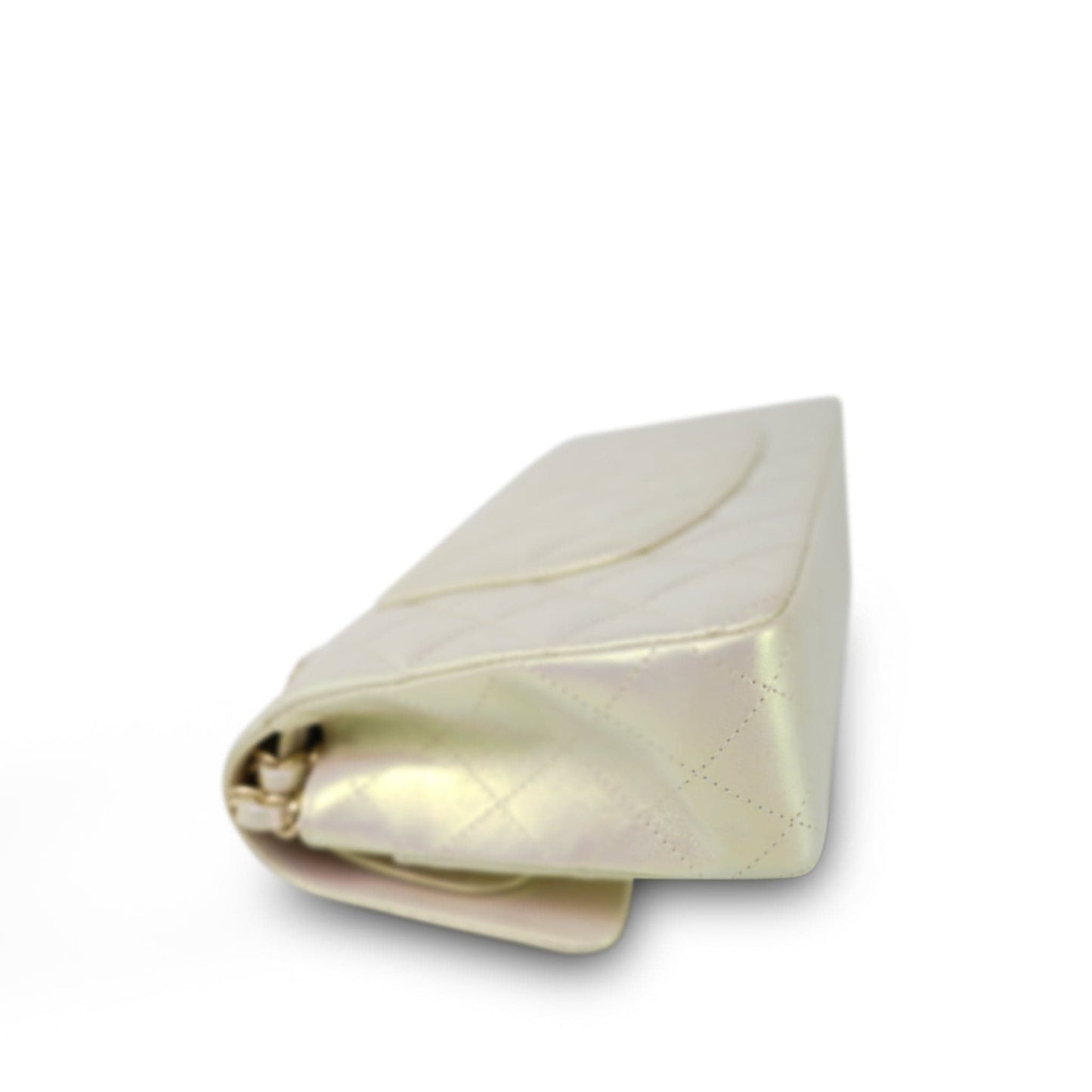 20B Iridescent White Calfskin Quilted Classic Flap Medium Light Gold Hardware