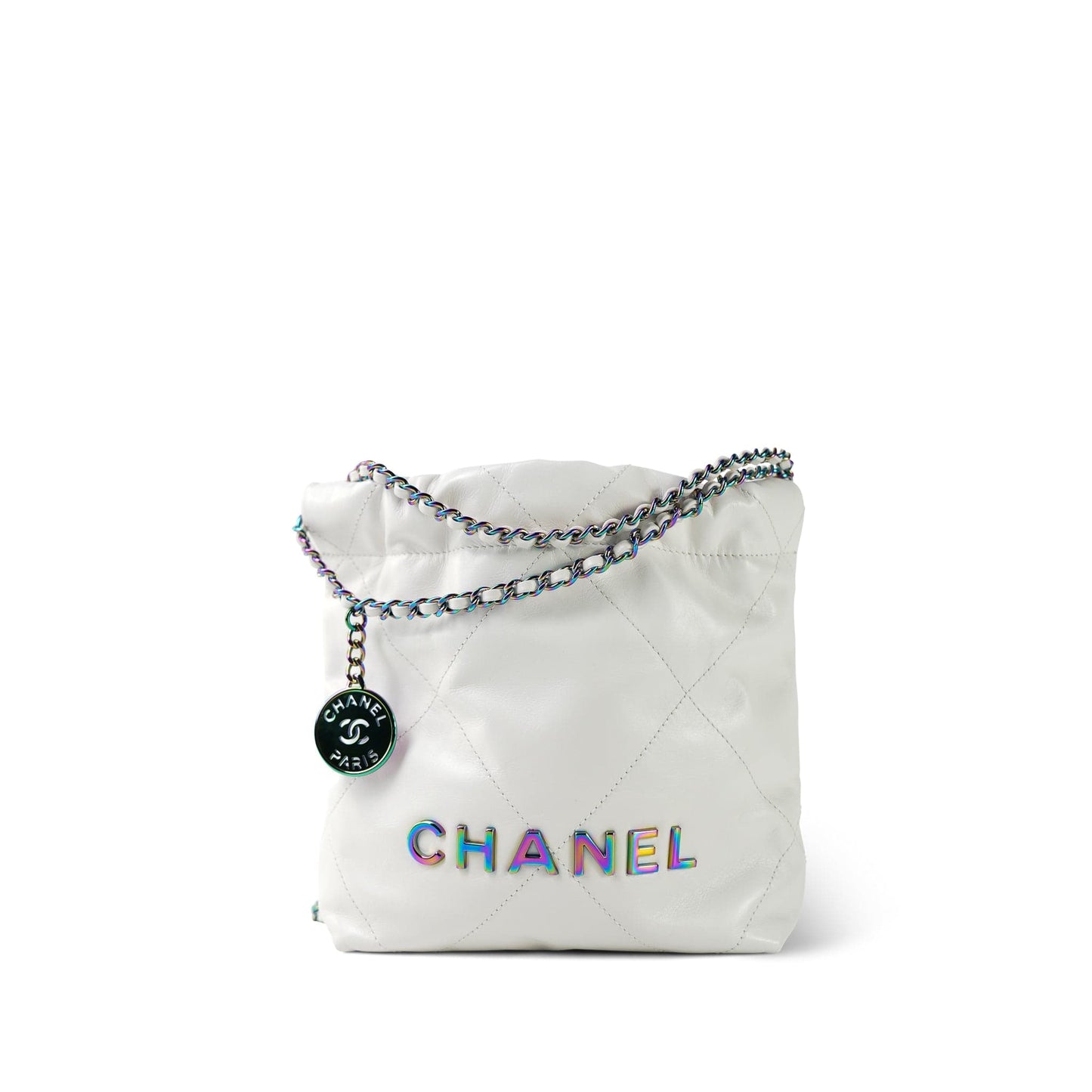 White Calfskin Quilted Mini 22 Bag Rainbow Hardware