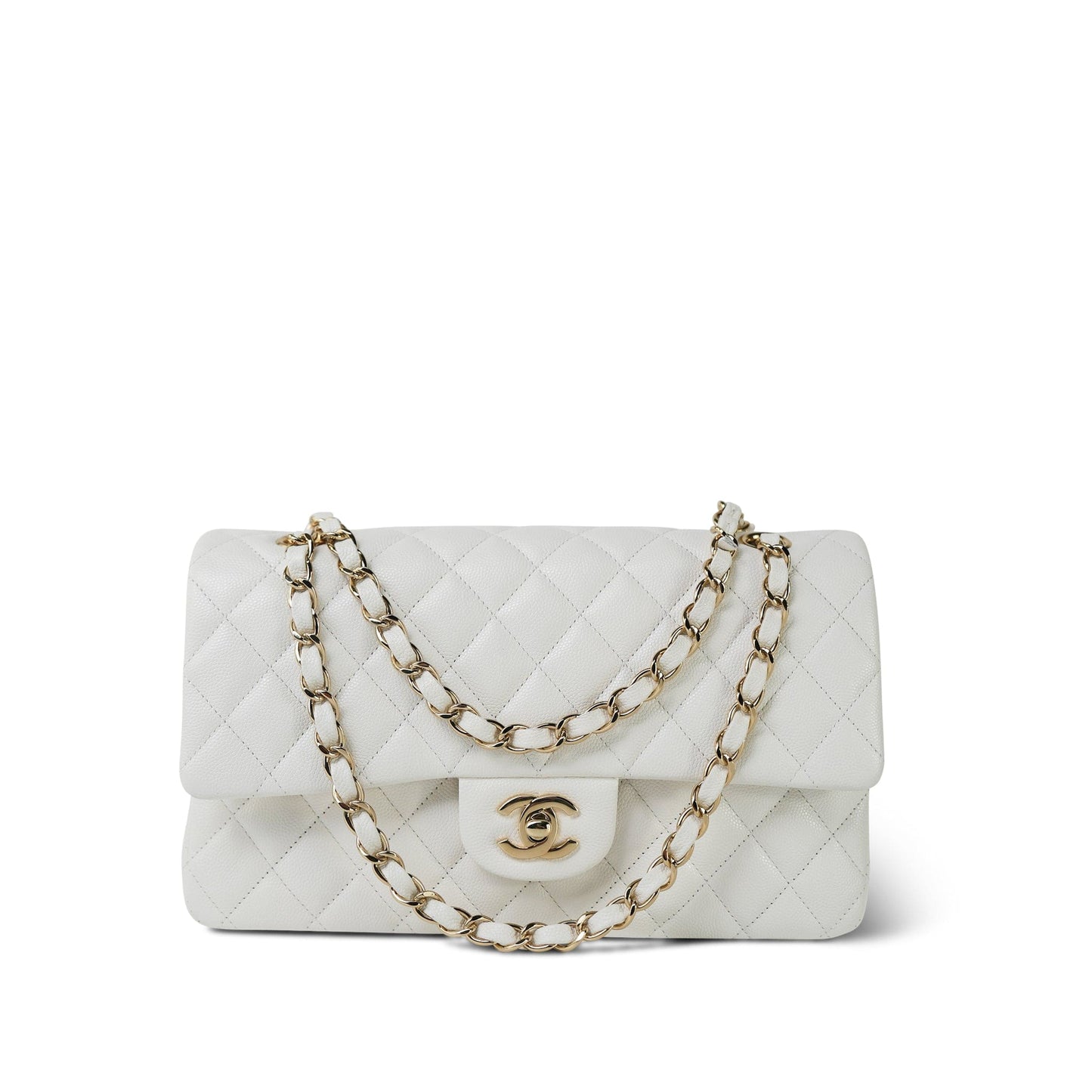 White Caviar Quilted Classic Flap Medium Light Gold Hardware