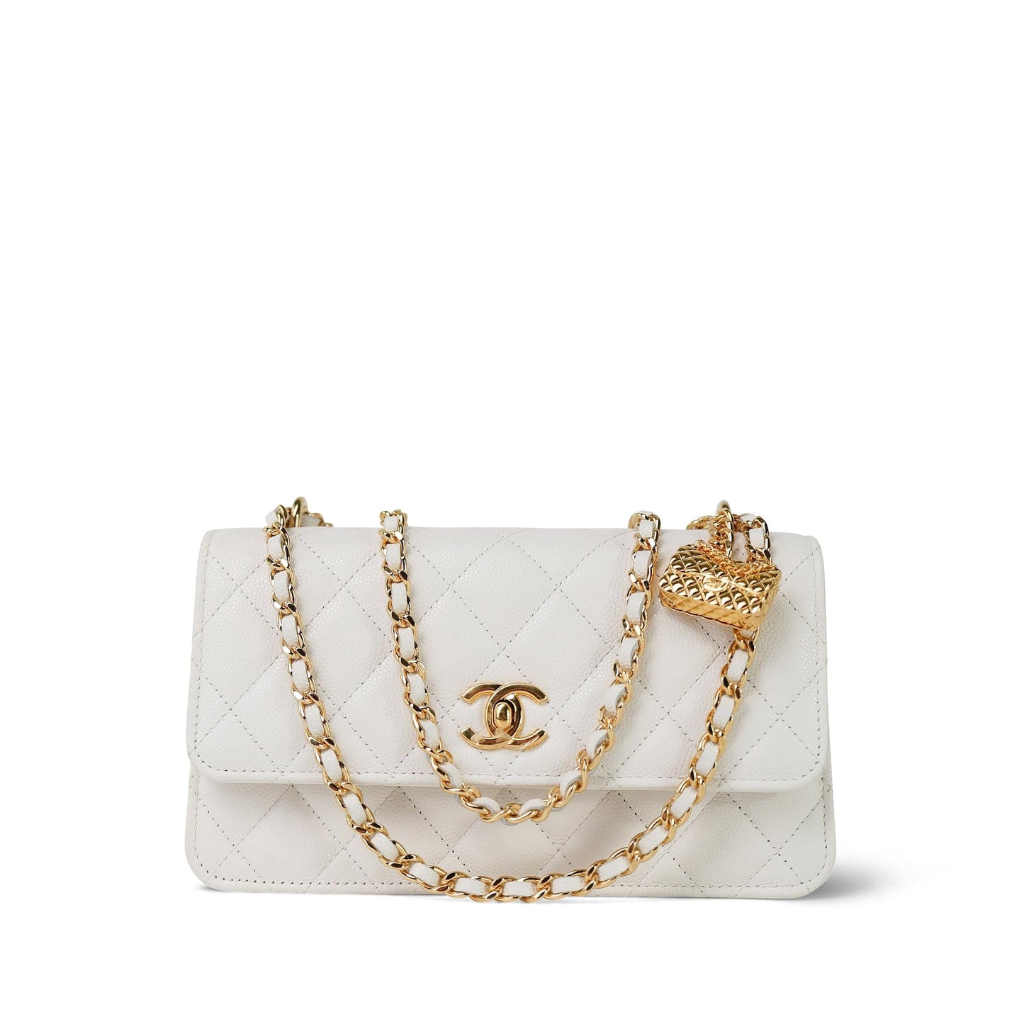 White Caviar Quilted Flap Charm Wallet On Chain WOC Gold Hardware