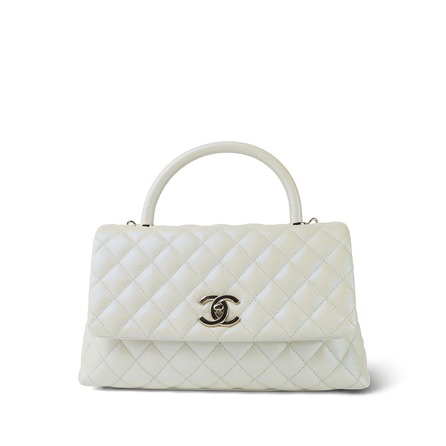 20K White Iridescent Caviar Quilted Coco Handle Medium Light Gold Hardware