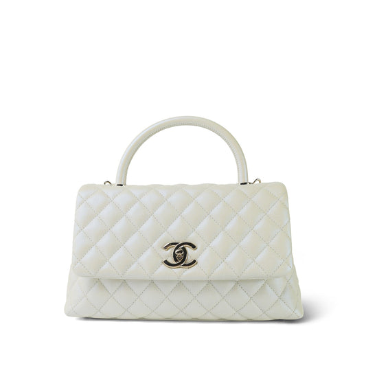 20K White Iridescent Caviar Quilted Coco Handle Medium Light Gold Hardware