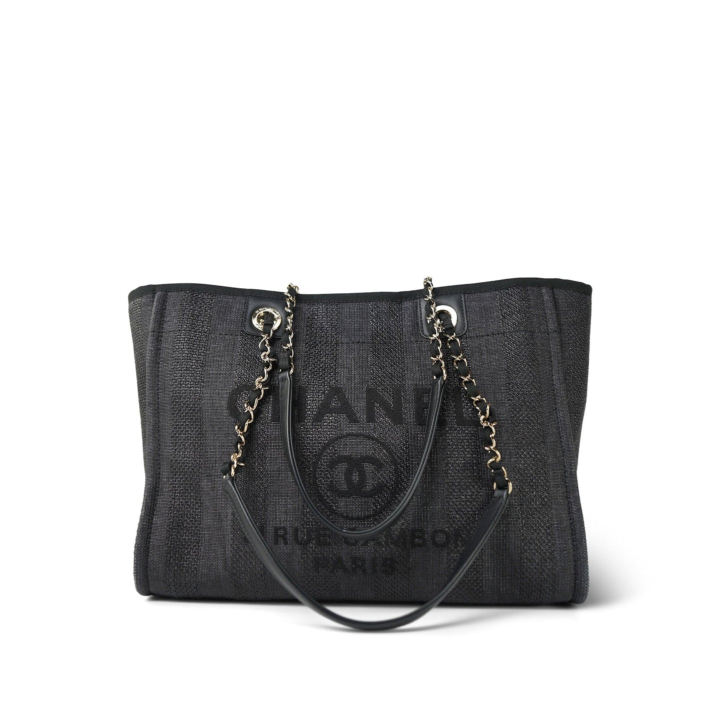 20P Black Stripe Raffia Deauville Shopping Tote Small Light Gold Hardware