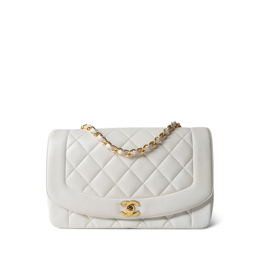 White Lambskin Quilted Diana Flap Medium Gold Hardware
