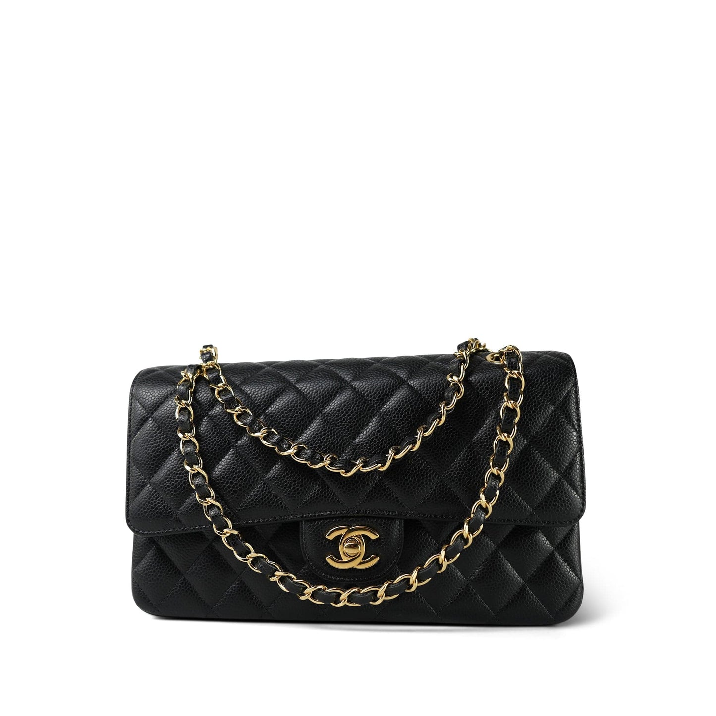 20C Black Caviar Quilted Classic Flap Medium Gold Hardware