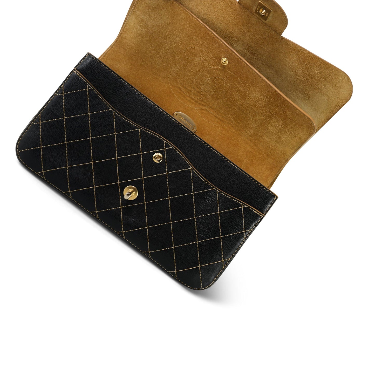 17B Black Calfskin / Tan Suede Wild Stitch Double Flap Jumbo Flap Aged Gold Hardware