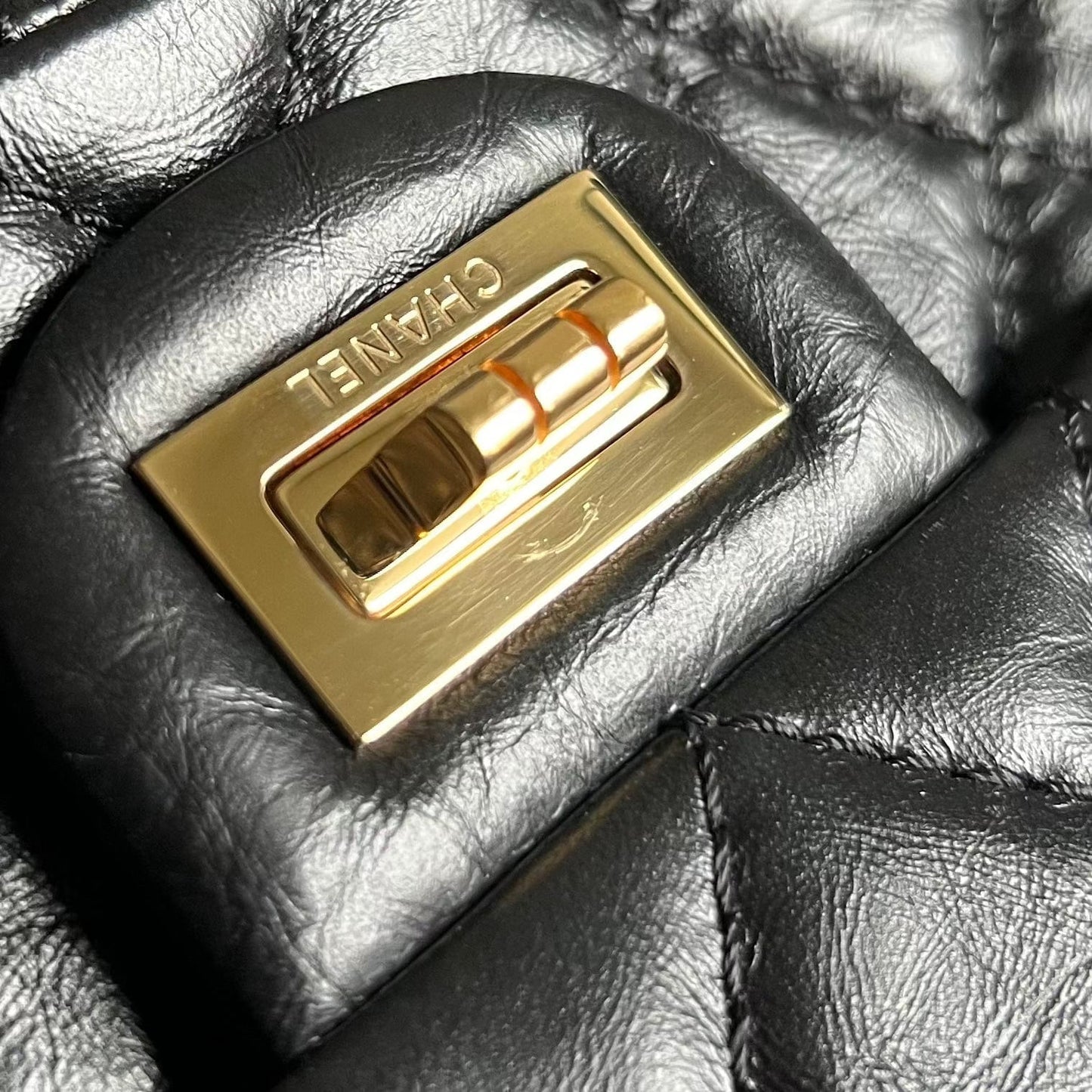 19A Black Aged Calfskin Quilted Mini Reissue 2.55 Flap Gold Hardware Light gold