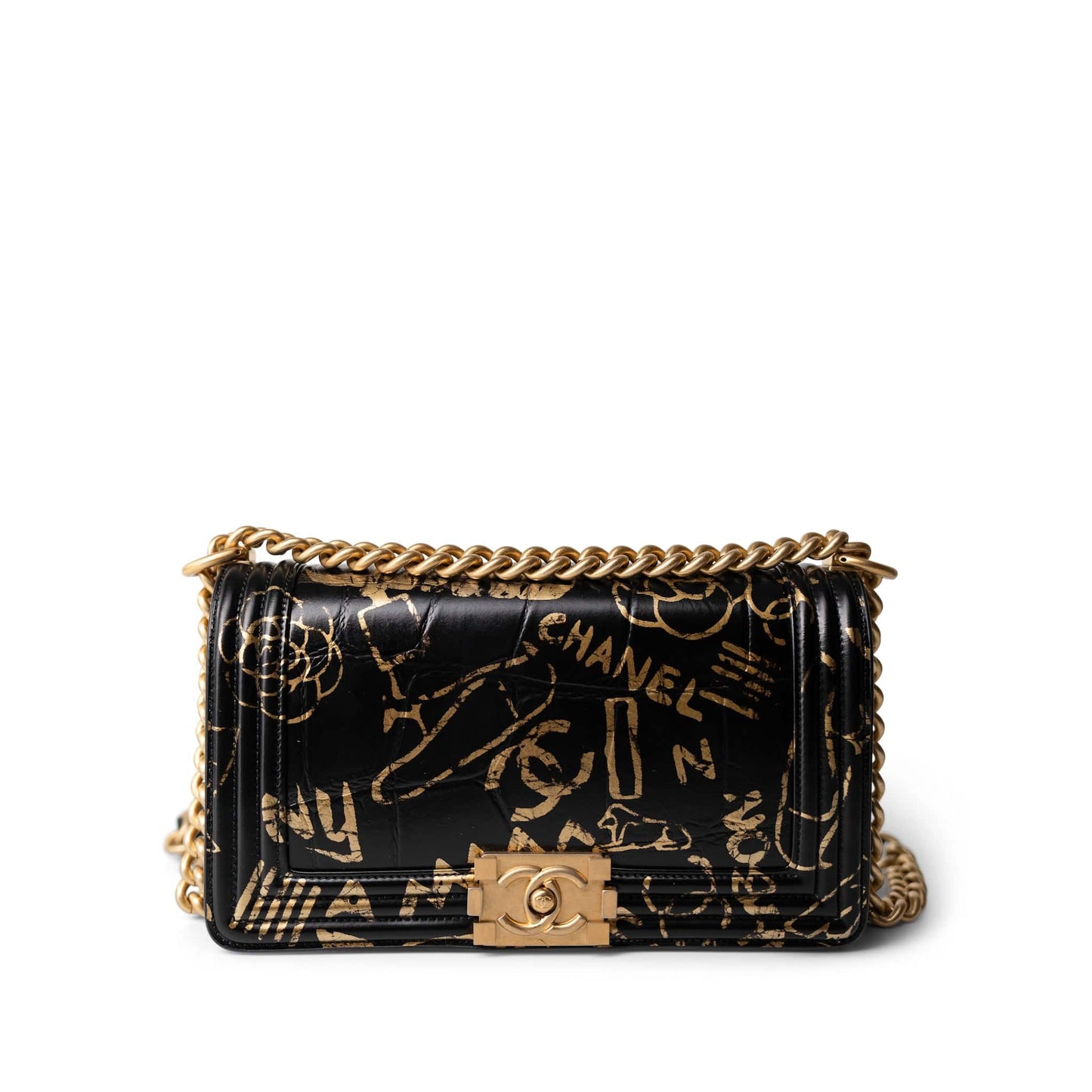 19A Old Medium Le Boy Black and Gold Crocodile Embossed Graffiti