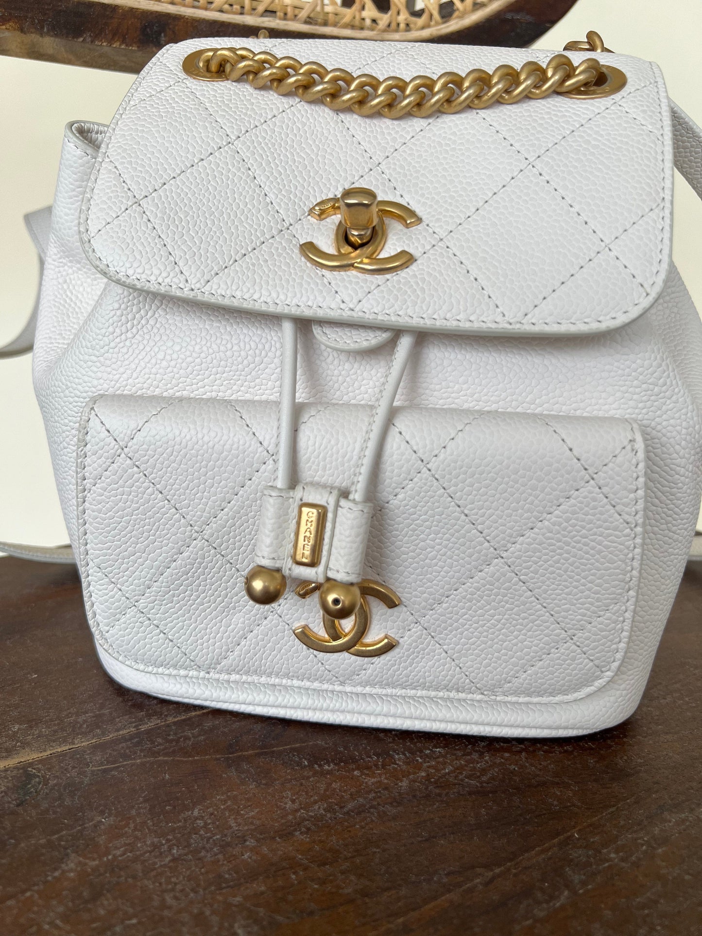 White Caviar Quilted BackPack w/ Aged Gold Hardware