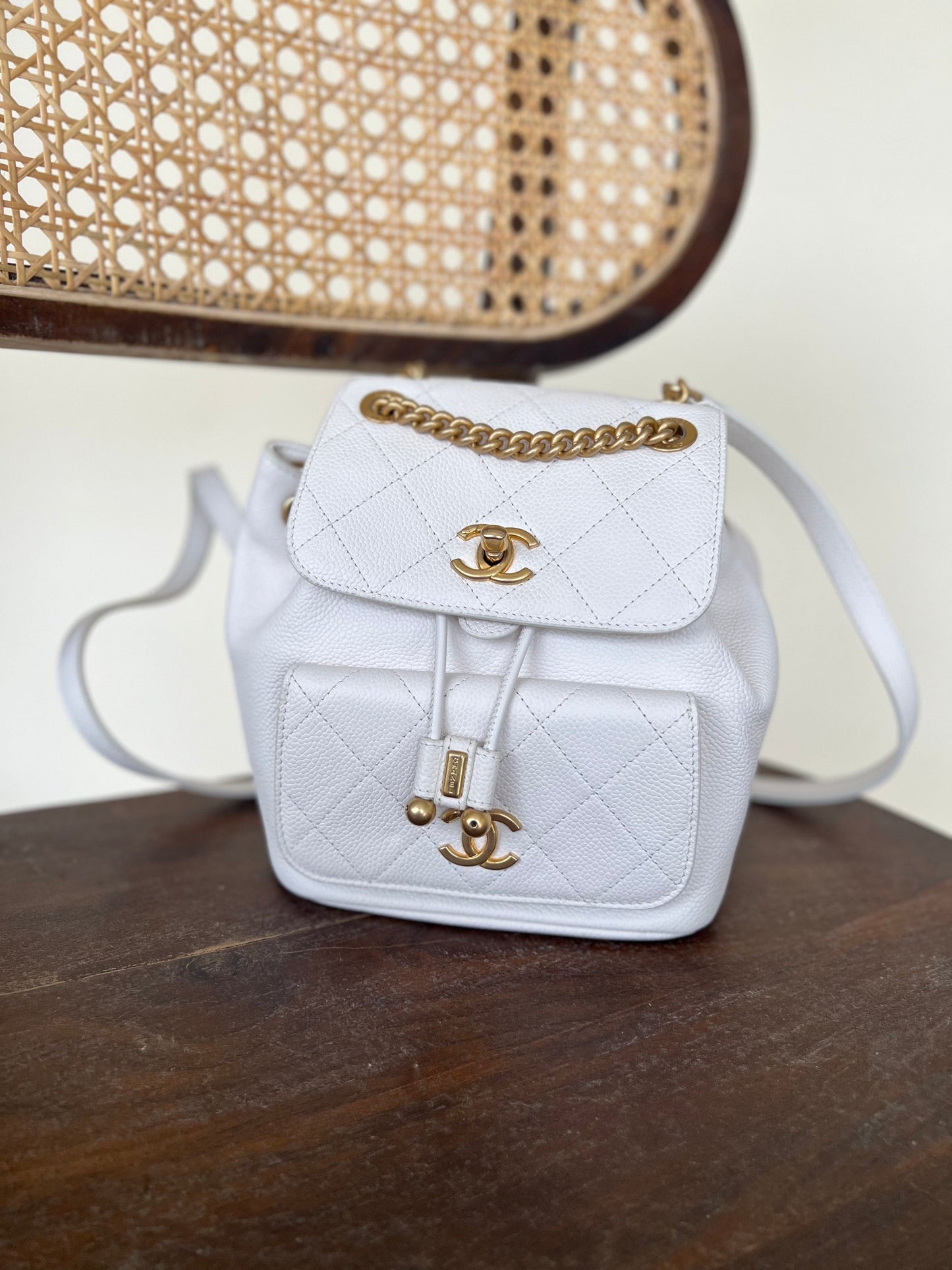 White Caviar Quilted BackPack w/ Aged Gold Hardware