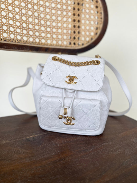 White Caviar Quilted BackPack w/ Aged Gold Hardware