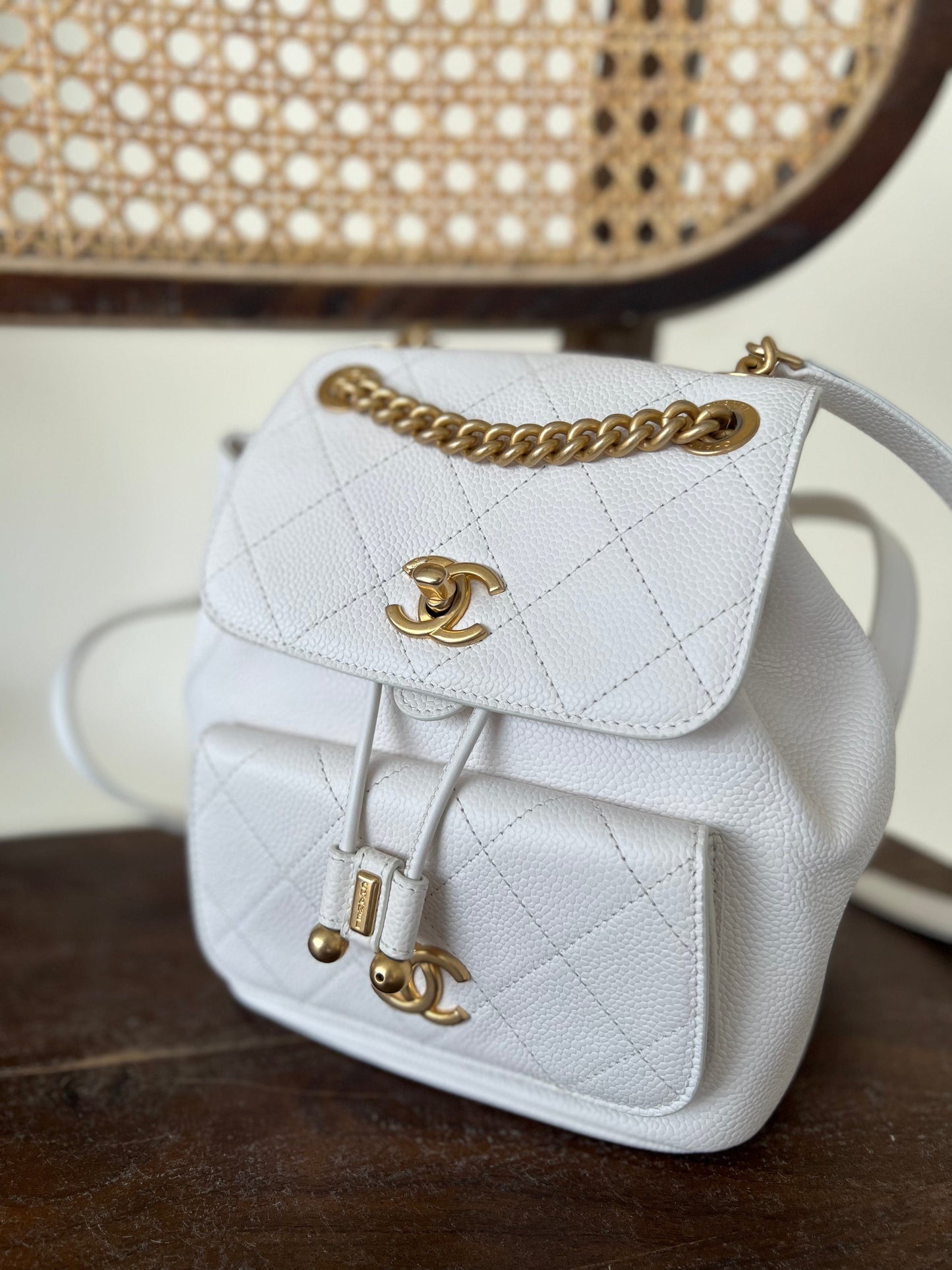 White Caviar Quilted BackPack w/ Aged Gold Hardware