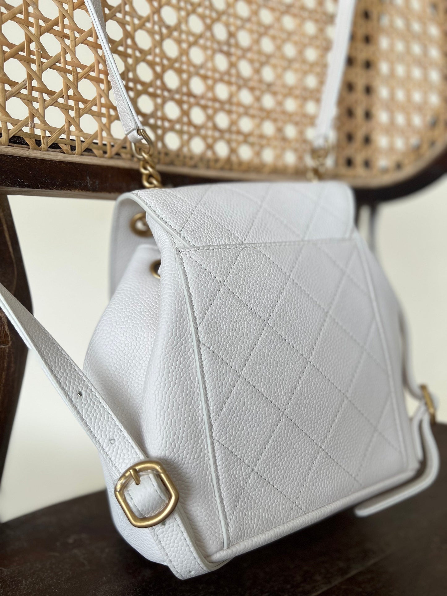 White Caviar Quilted BackPack w/ Aged Gold Hardware
