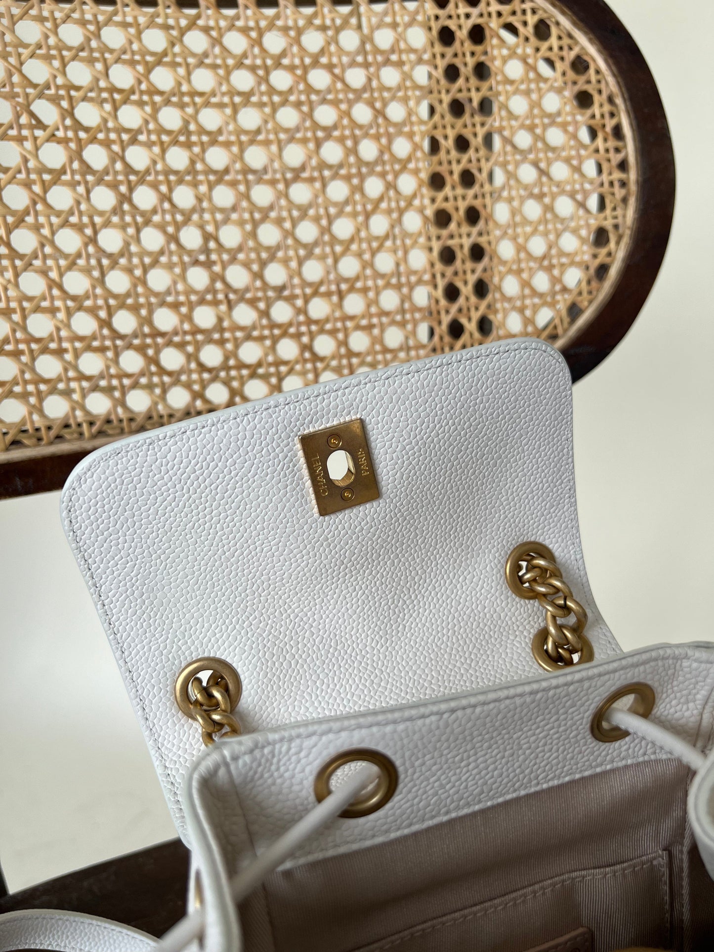 White Caviar Quilted BackPack w/ Aged Gold Hardware