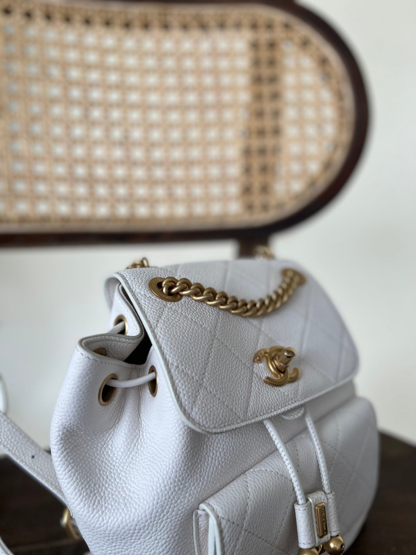 White Caviar Quilted BackPack w/ Aged Gold Hardware
