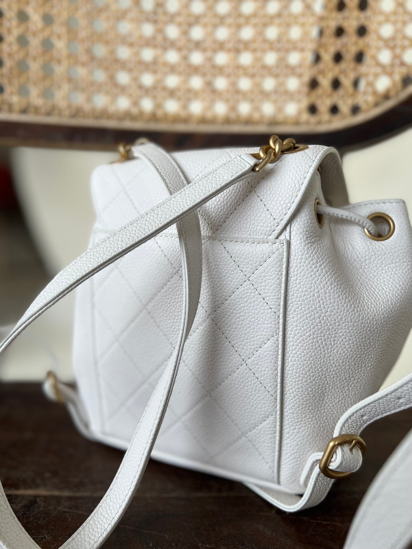 White Caviar Quilted BackPack w/ Aged Gold Hardware