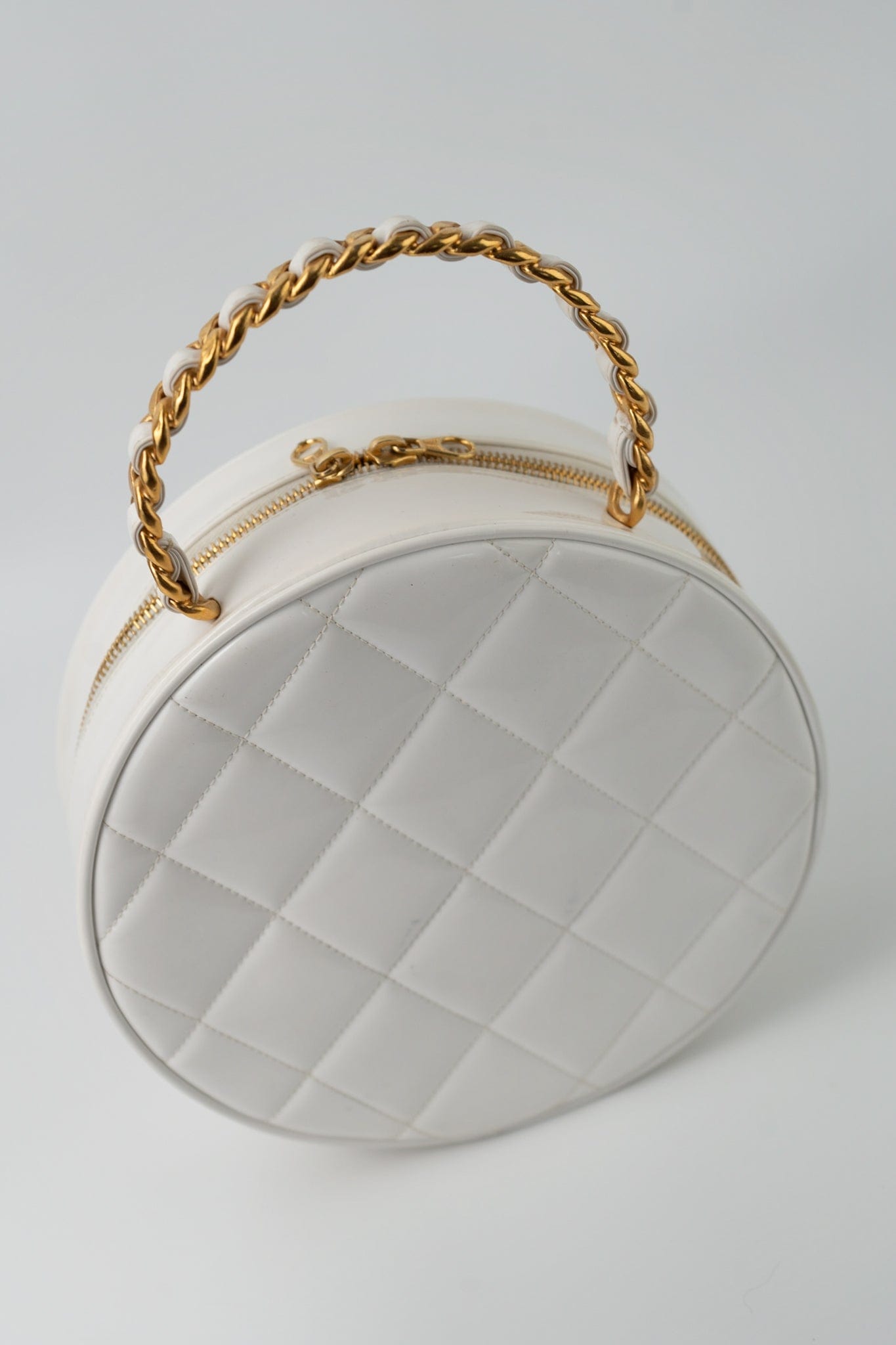 Vintage White Patent Leather Round Vanity Bag Gold Hardware